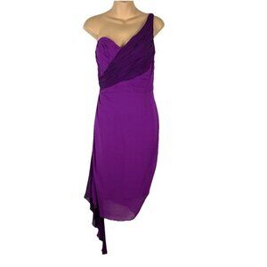 Badgley Mischka Knee Length Silk Cocktail Dress 10 Asymmetrical Pleated Magenta
